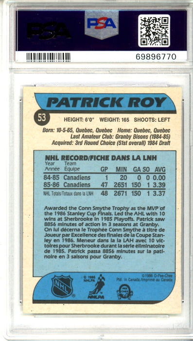 PSA 7 NM Patrick Roy 1986 O-Pee-Chee #53