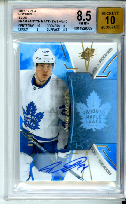 BGS 8.5 NM-MT+ Auto 10 Auston Matthews Auto 2016-17 SPX Rookies Blue #RAM 10/10
