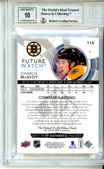 BGS 9 MINT Auto 10 Charlie McAvoy Future Watch Auto 2017-18 SP Authentic Limited Patch